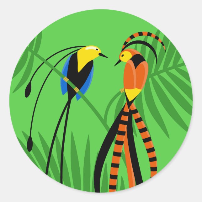 Sticker Rond Oiseaux de paradis aux couleurs vives sur vert (Devant)