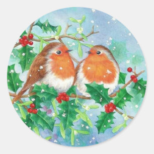 Sticker Rond Oiseaux D'Hiver Et Baies Selles En Chute De Neige