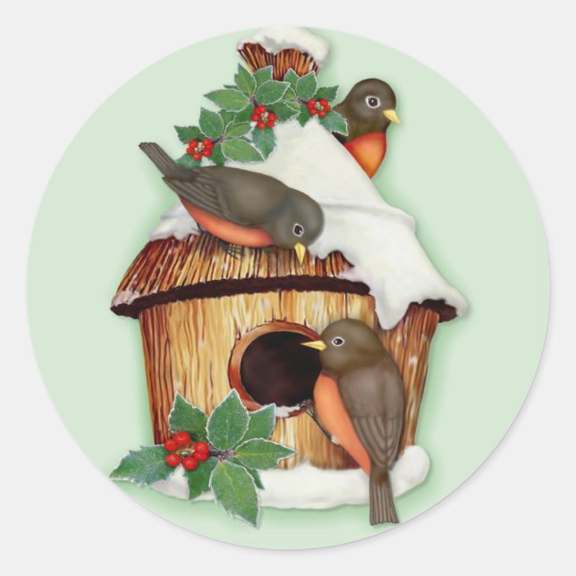 Sticker Rond Oiseaux d'hiver et maison d'oiseaux (Devant)