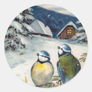 Sticker Rond Oiseaux d'hiver vintages