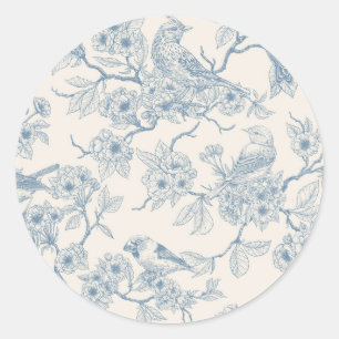 Sticker Rond Oiseaux et fleurs de cerisier en bleu et blanc cas
