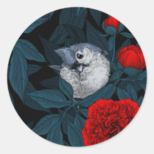 Sticker Rond Oiseaux et fleurs de pivoines rouges avec feuilles