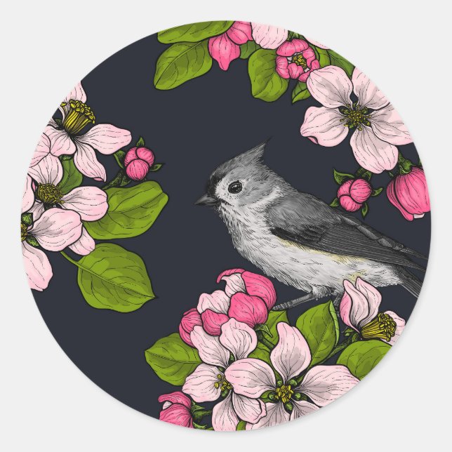 Sticker Rond Oiseaux et fleurs en noir (Devant)