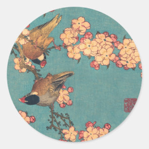 Sticker Rond Oiseaux Fleurs Hokusai Art Japonais