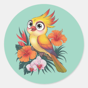 Sticker Rond Oiseaux jaunes adorables avec fleurs