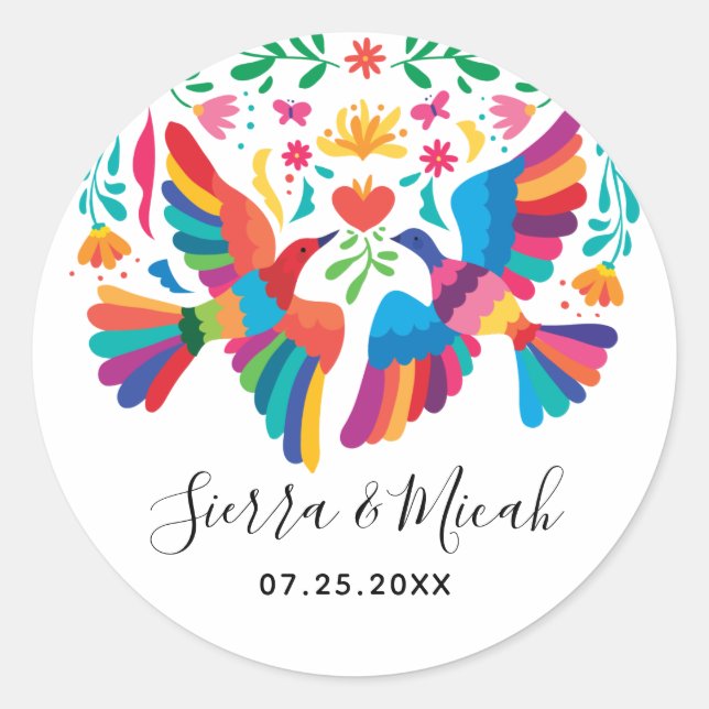 Sticker Rond Oiseaux mexicains d'inspiration vive et fleurs (Devant)