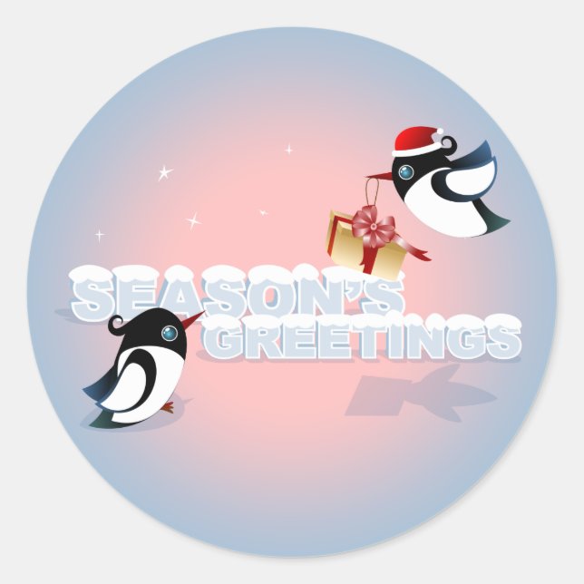 Sticker Rond Oiseaux mignons avec cadeau de Noël (Devant)