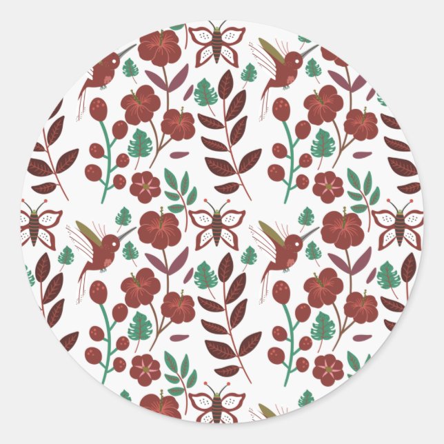 Sticker Rond Oiseaux motifs et papillons floraux sans soudure (Devant)