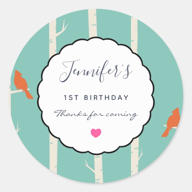 Sticker Rond Oiseaux oranges rétro sur les bouleaux Anniversair (Devant)