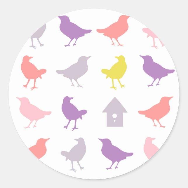 Sticker Rond Oiseaux pastel rose et violet avec Birdhouse (Devant)