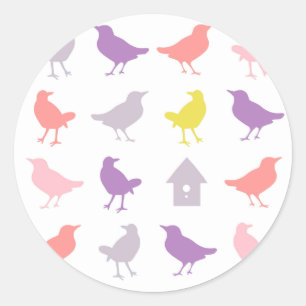 Sticker Rond Oiseaux pastel rose et violet avec Birdhouse