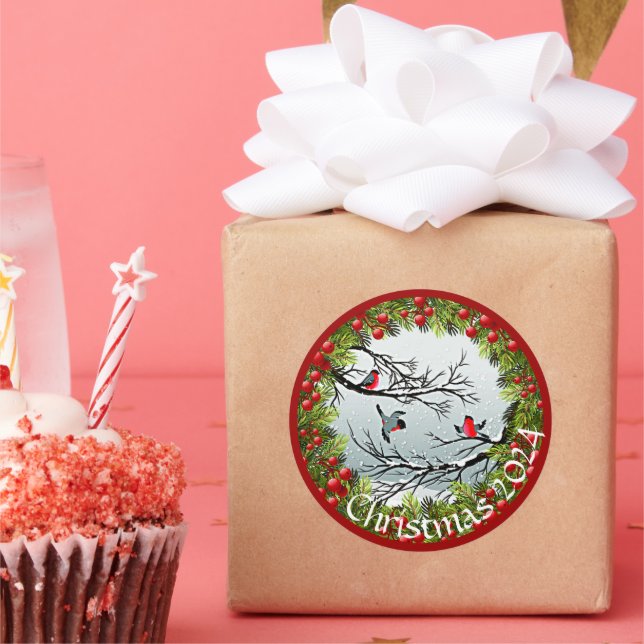 Sticker Rond Oiseaux Personnalisés En Aiguilles À Pins De Neige (Fête)