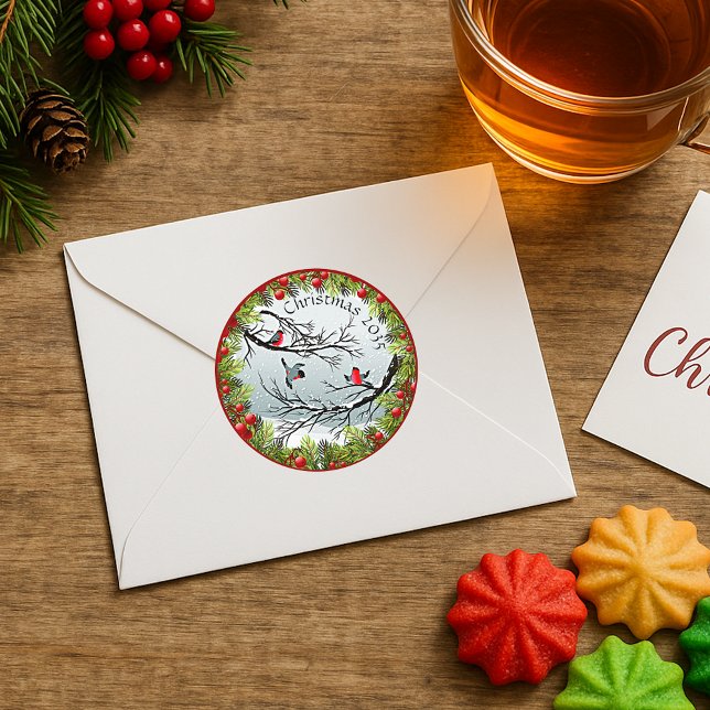 Sticker Rond Oiseaux Personnalisés En Aiguilles À Pins De Neige (Créateur téléchargé)