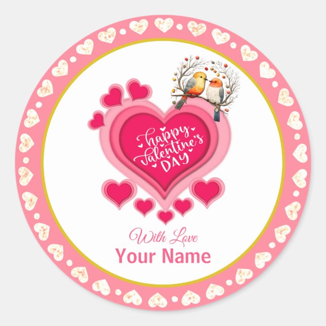 Sticker Rond Oiseaux romantiques en Branche Saint-Valentin et c (Devant)