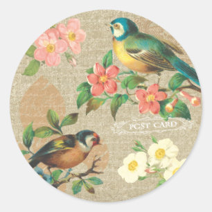 Sticker Rond Oiseaux Vintages rustiques et fleurs Shabby Elégan