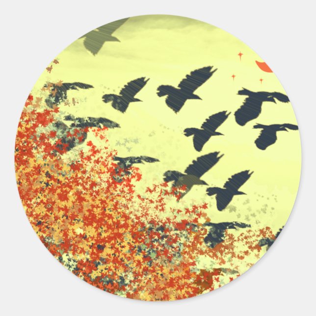 Sticker Rond Oiseaux volant Lune rouge (Devant)