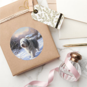 Sticker Rond Old English Sheepdog Laisser neiger Noël