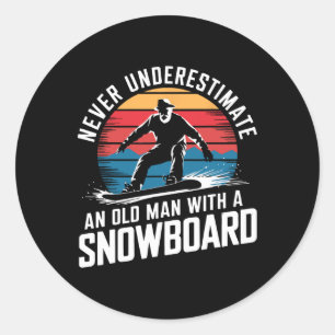 Sticker Rond Old Man Snowboard Amant Humour Design Drôle Neige