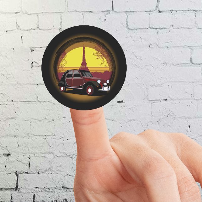 Sticker Rond Oldtimer 2cv Charleston Paris Sonnenuntergang (2CV Round Sticker in Black with a Romantic Deux Chevaux Charleston Eiffel Tower Illustration)