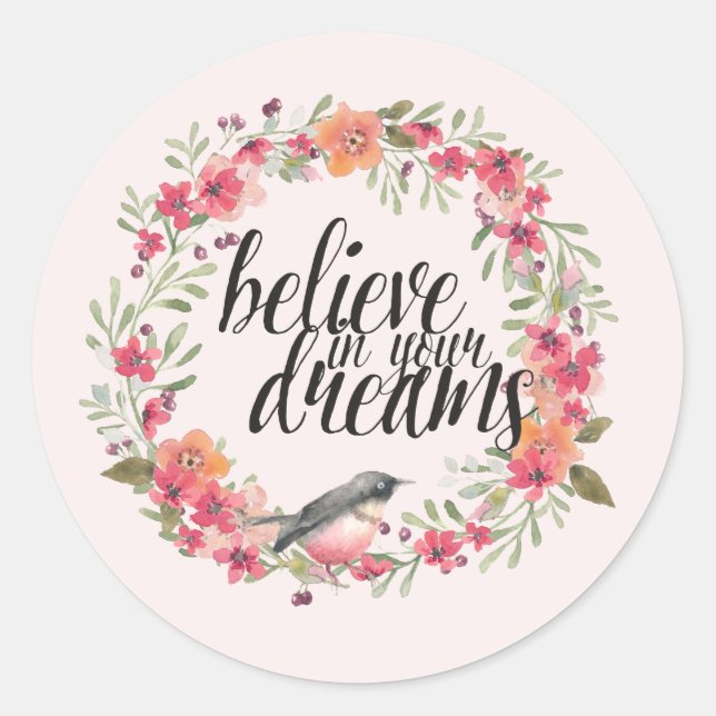 Sticker Rond Oléandre romantique oiseau rose floral rêve (Devant)