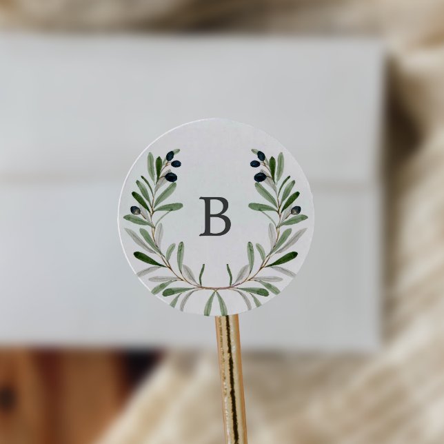 Sticker Rond Olive Branche Monogramme Mariage Enveloppe Sceau (Créateur téléchargé)