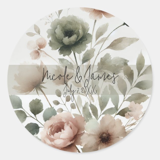 Sticker Rond Olive et Mariage floral rose pâle (Devant)