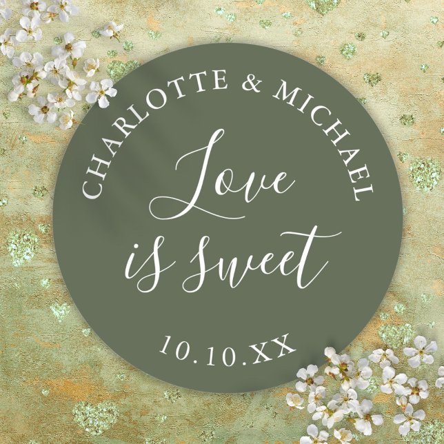 Sticker Rond Olive Green Love Est Un Mariage Doux Faveur (Olive Green Love Is Sweet Wedding Favor Classic Round Sticker)