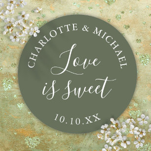 Sticker Rond Olive Green Love Is Sweet Cadeau de Mariage