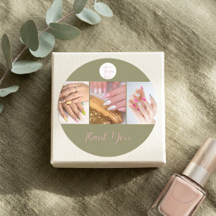 Sticker Rond Olive Green Pink Logo Photo Nail Salon Merci
