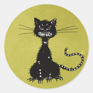 Sticker Rond Olive Green Ragged Evil Black Cat