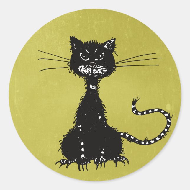 Sticker Rond Olive Green Ragged Evil Black Cat (Devant)