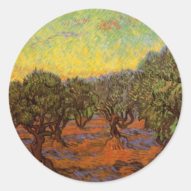 Sticker Rond Olive Grove, Ciel orange par Vincent van Gogh (Devant)