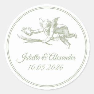 Sticker Rond Olive Toile de Jouy Cupid Mariage Classique Rond A