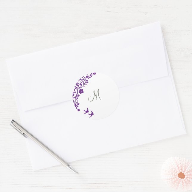 Sticker Rond Olive vert violet Floral Monogramme initial (Enveloppe)
