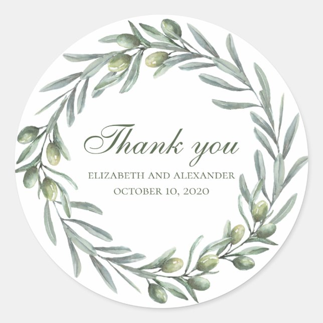 Sticker Rond Olive wreath merci. Mariage italien d'été (Devant)
