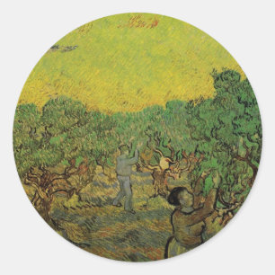 Sticker Rond Oliveraie avec personnages cueillant des olives, V