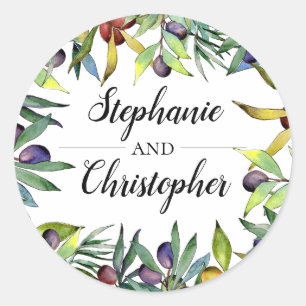 Sticker Rond Olives savoureuses Toscane Aquarelle Mariage Sceau