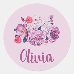 Sticker Rond Olivia Nom Floral Personnalisé Vintage Fille Fleur