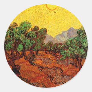 Sticker Rond Oliviers de Van Gogh avec ciel jaune et soleil