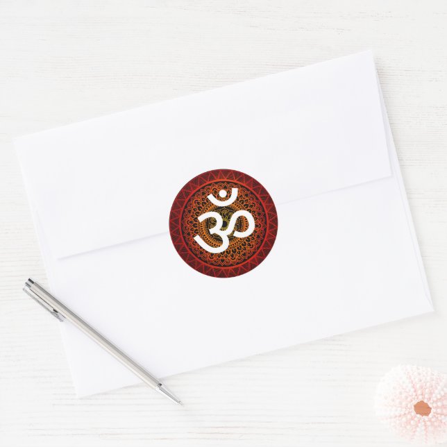 Sticker Rond Om Chakra Mandala Rouge (Enveloppe)