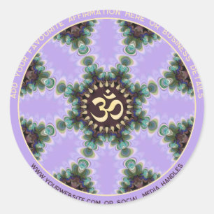 Sticker Rond OM Lilac Plumes de paon violet avec texte Arché