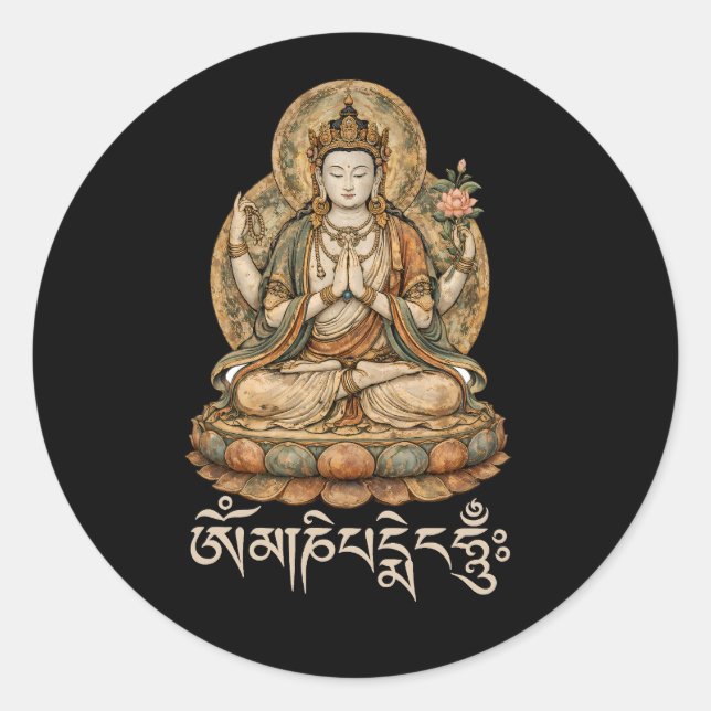 Sticker Rond Om Mani Padme Hum Mantra Compassion Chenrezig (Devant)