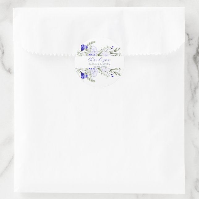 Sticker Rond Ombre Royal Blue Ivory Floral Mariage (Sac)