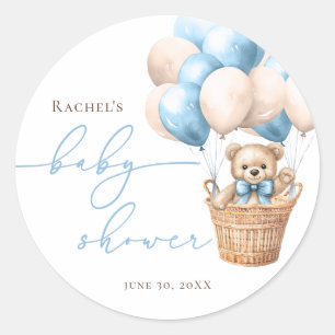 Sticker Rond On Peut Attendre   Bear Balloon Baby shower bleu
