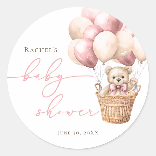 Sticker Rond On Peut Attendre | Bear Balloon Baby shower rose (Devant)