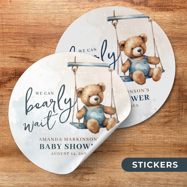 Sticker Rond On peut attendre Denim Teddy Bear Baby shower (Créateur téléchargé)