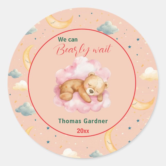 Sticker Rond On Peut Attendre Le Baby shower À L'Ours Mignonne  (Devant)