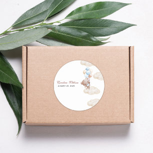 Sticker Rond on peut attendre le baby shower bleu aquarelle