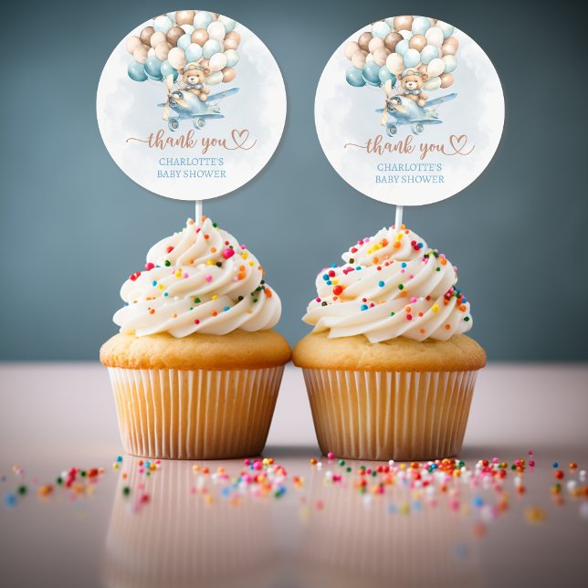 Sticker Rond On peut attendre le Baby shower Bleu Ballons (we can bearly wait baby shower teddy bear stickers)