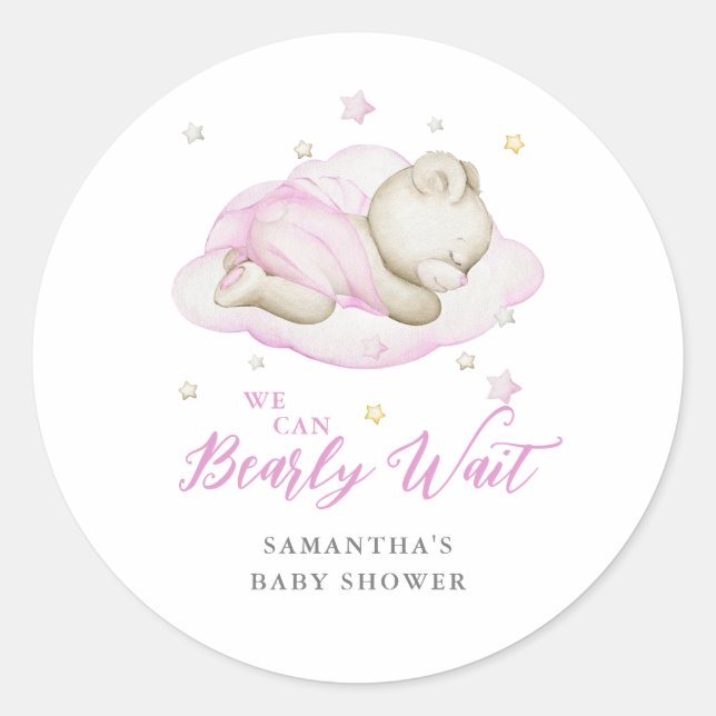 Sticker Rond On peut attendre le Baby shower de fille rose (Devant)